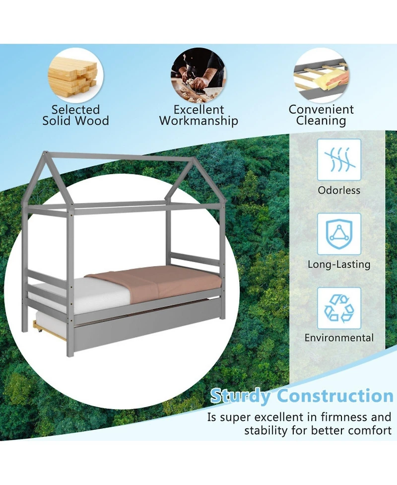 Gouun Bed Frame with Pull-Out Trundle and Roof Design