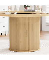 Rainsken Round Dining Table for 6 with a Rotating Tabletop Tray, 2-tier Storage Rack and Wooden Wavy-striped Sliding Doors Living Room