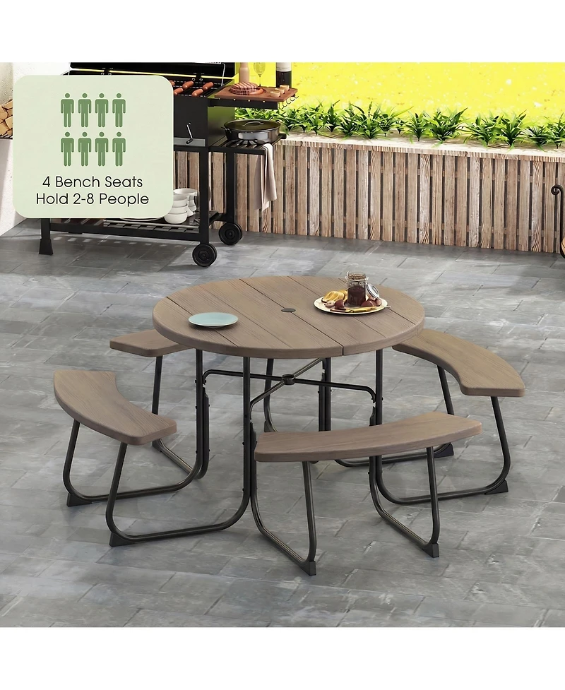 Gymax Outdoor 8-person Round Picnic Table Bench Set w/ 4 Benches and Umbrella Hole