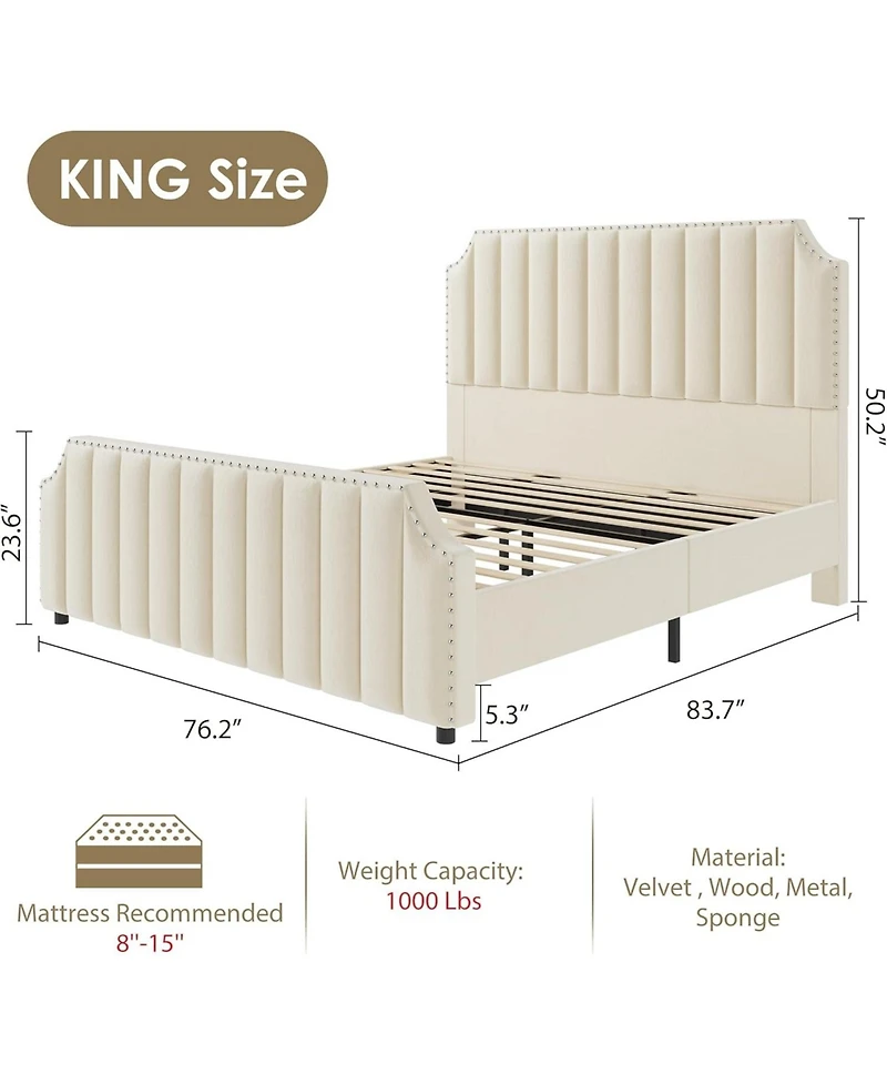 gaomon Velvet Upholstered Platform Bed with Tall Tufted Headboard