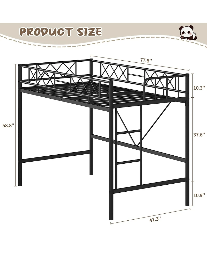 homfan Metal Loft Bed Frame with Arched Guardrail, Ladder and Underbed Space, Box Spring Not Required