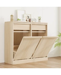 homfan Double Tilt-Out Trash Can Cabinet with 2 Drawers and Hidden Bin Storage, Wood-Finish Organizer for Kitchen or Laundry