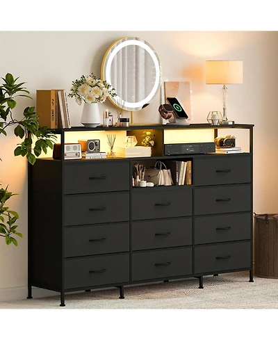 gaomon Dresser for Bedroom with 11 Fabric Drawers, Featuring Power Outlet and Led Lights, Wooden Top