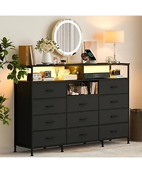 gaomon Dresser for Bedroom with 11 Fabric Drawers, Featuring Power Outlet and Led Lights, Wooden Top