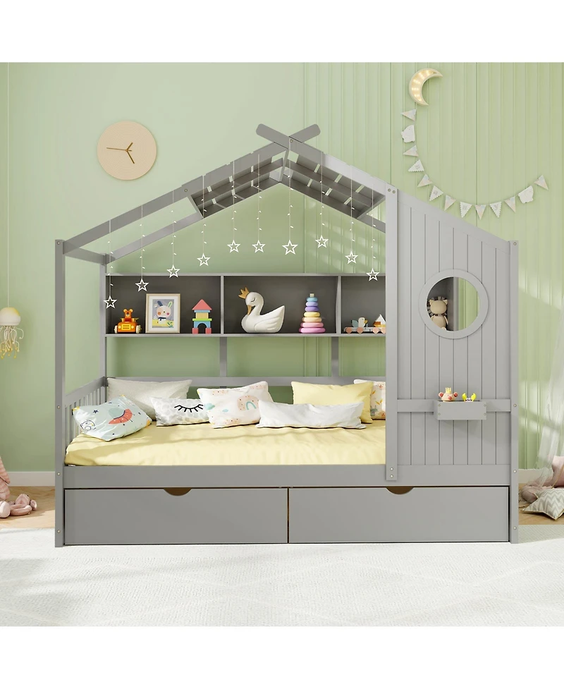 Gymax House Bed Kids Frame w/ 2 Storage Drawers & Fence Guardrails