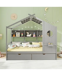 Gymax House Bed Kids Frame w/ 2 Storage Drawers & Fence Guardrails