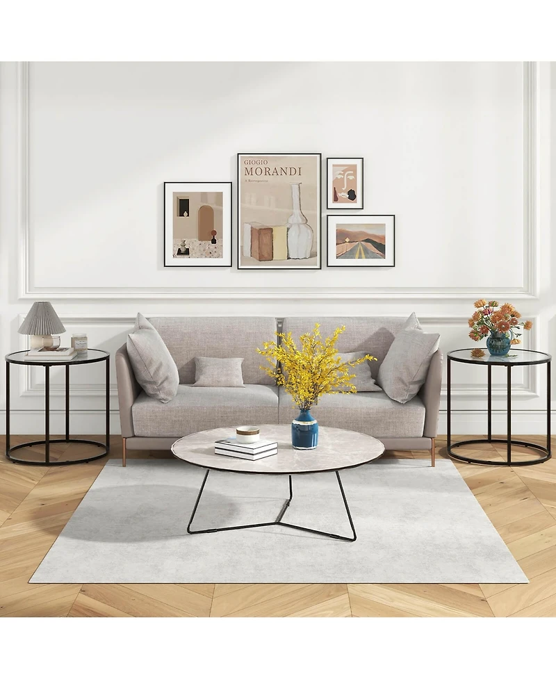 Gymax 2PCS Glass End Table 20 Round Side Table Metal Frame Faux Marble Glass Top