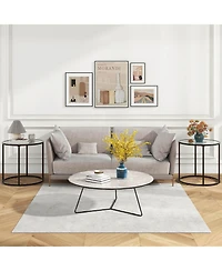 Gymax 2PCS Glass End Table 20 Round Side Table Metal Frame Faux Marble Glass Top