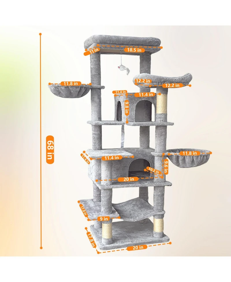 Aostirmotor 68" Multi-Level Cat Tree with Hammocks, Hanging Basket, Cat Cave and Scratching Posts, Plush Cat Tower for Indoor Cats