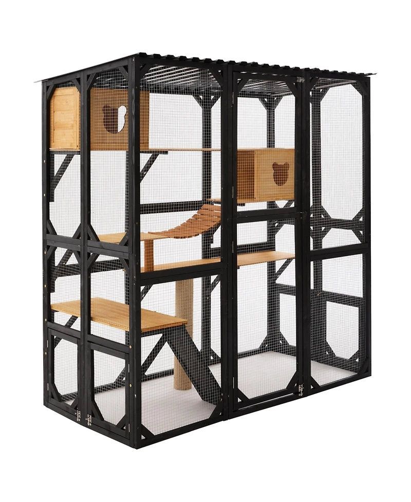 Aostirmotor Outdoor Wooden Catio, Fir Wood Cat Enclosure with Sleeping House and Jumping Platforms, Secure Cat Playpen