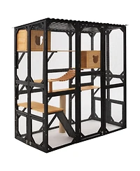 Aostirmotor Outdoor Wooden Catio, Fir Wood Cat Enclosure with Sleeping House and Jumping Platforms, Secure Cat Playpen