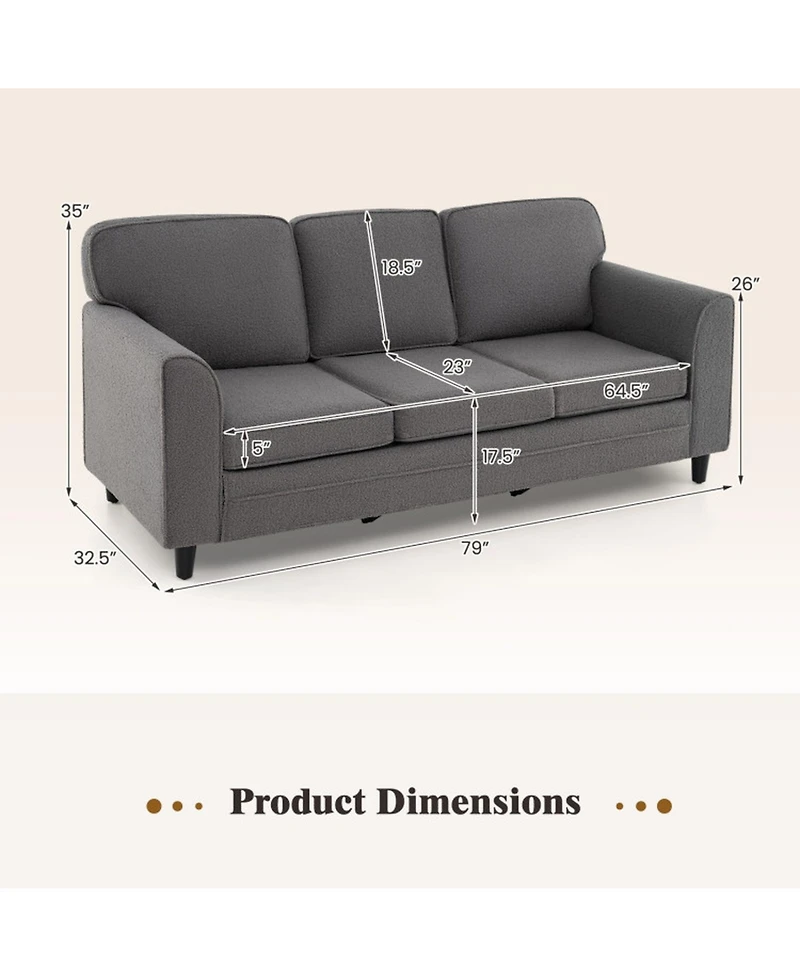 Gouun Teddy Velvet 3-Seat Sofa with Back Pillows and Rubber Wood Legs