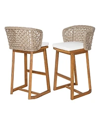 Rainsken Outdoor Acacia Wood Bar Stools, Counter Height Chairs Set of 2 with Cushion and Breathable Wicker Back for Patio, Poolside, Kitchen Island