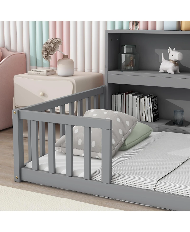 Sailvan Twin Floor Bed with Bedside Bookcase,Shelves,Guardrails