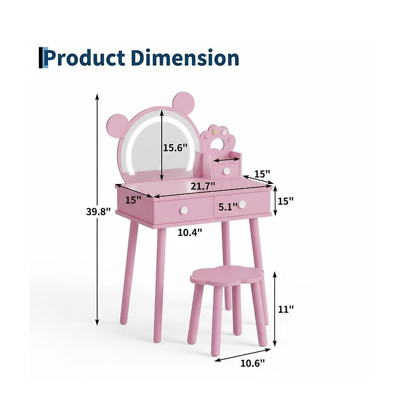 Homfan Bear-Shaped Lighted Mirror Kids Vanity Table and Chair Set - Wooden Princess Makeup Desk with Stool, Storage Drawers