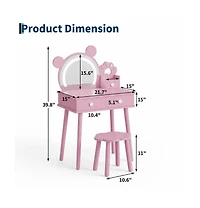 Homfan Bear-Shaped Lighted Mirror Kids Vanity Table and Chair Set - Wooden Princess Makeup Desk with Stool, Storage Drawers