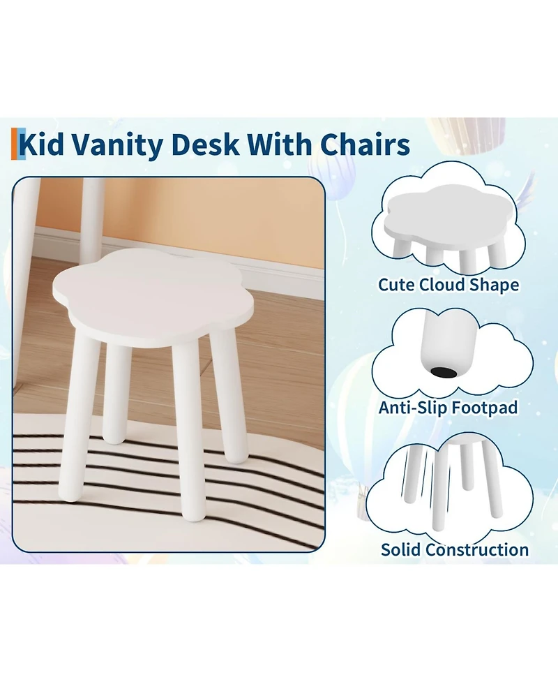 Homfan Bear-Shaped Lighted Mirror Kids Vanity Table and Chair Set - Wooden Princess Makeup Desk with Stool, Storage Drawers
