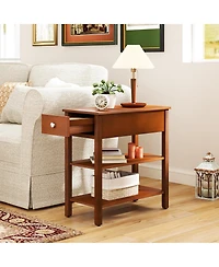 Gymax 2 Pcs Narrow End Tables with Drawer Shelves and Rubber Wood Legs Sofa Side Table