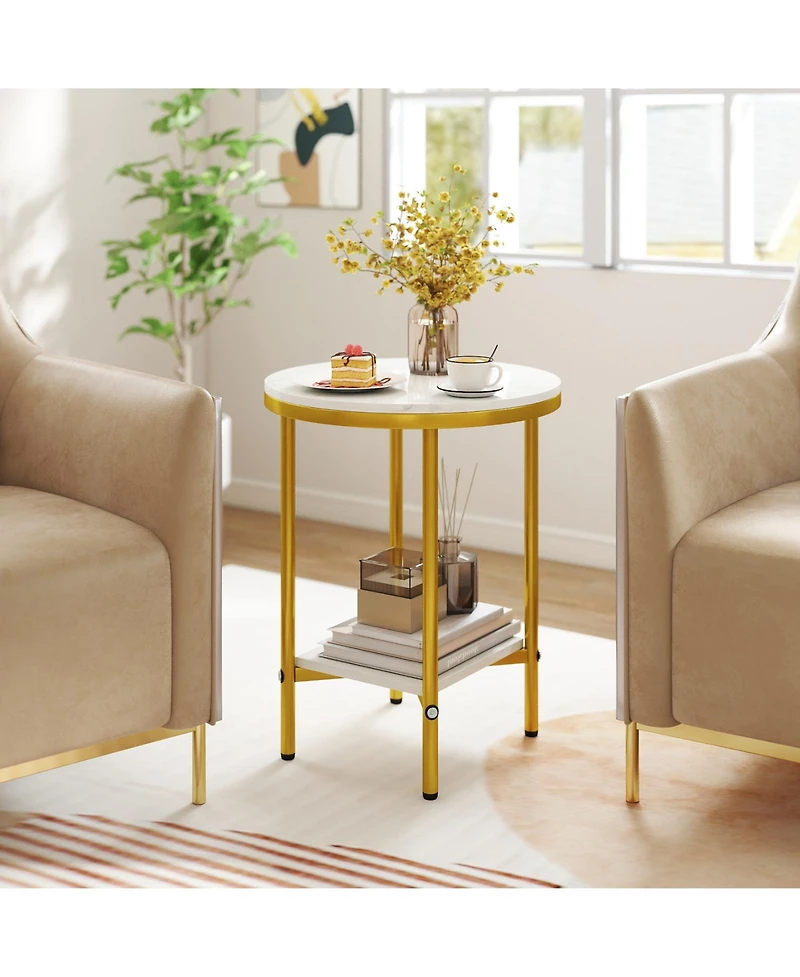 Gymax 2-Tier Round Side Table Set of 2 16'' Faux Marble End Table With Storage Shelf
