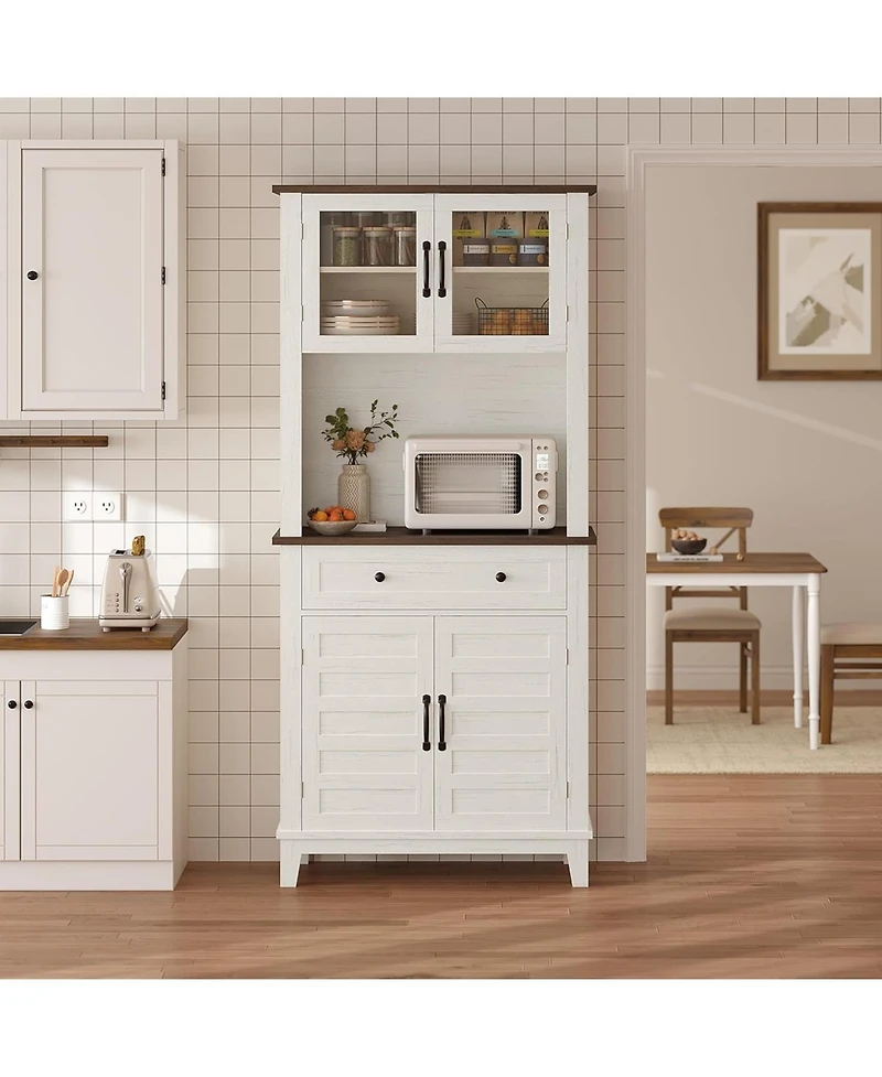 gaomon 72 in Tall Kitchen Pantry Cabinet, Kitchen Hutch Bar Cabinet with Microwave Stand, Cupboard with Drawers Glass Doors for Dining Room