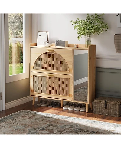 gaomon Natural Rattan Shoe Storage Cabinet,Hidden Shoe Rack Cabinet with 2 Flip Drawers, Mirror and Adjustable Shelves for Entryway, Hallway