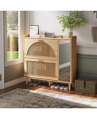 gaomon Natural Rattan Shoe Storage Cabinet,Hidden Shoe Rack Cabinet with 2 Flip Drawers, Mirror and Adjustable Shelves for Entryway, Hallway