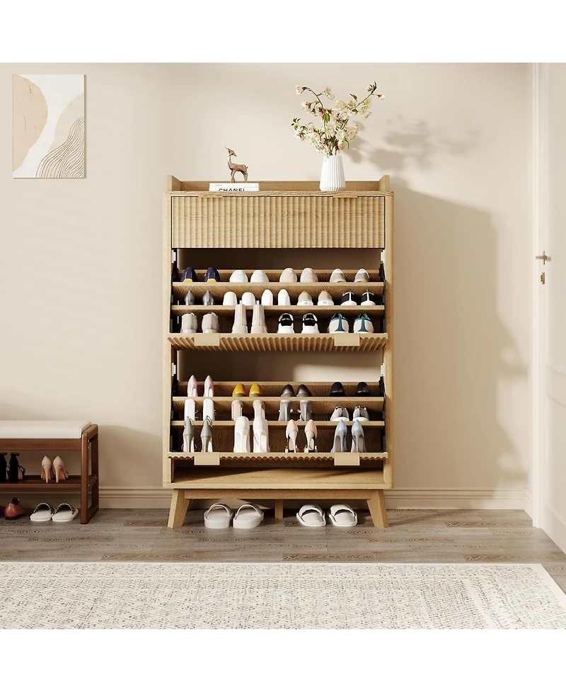 gaomon Fluted Wood Shoe Storage Cabinet for Entryway with 2 Flip Drawers and Adjustable Shelves