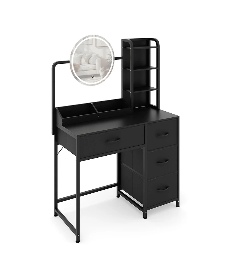 Homfan Modern Vanity Desk with Led Mirror, Adjustable Lights, Fabric Drawers, Power Outlet and Storage Shelves for Bedroom