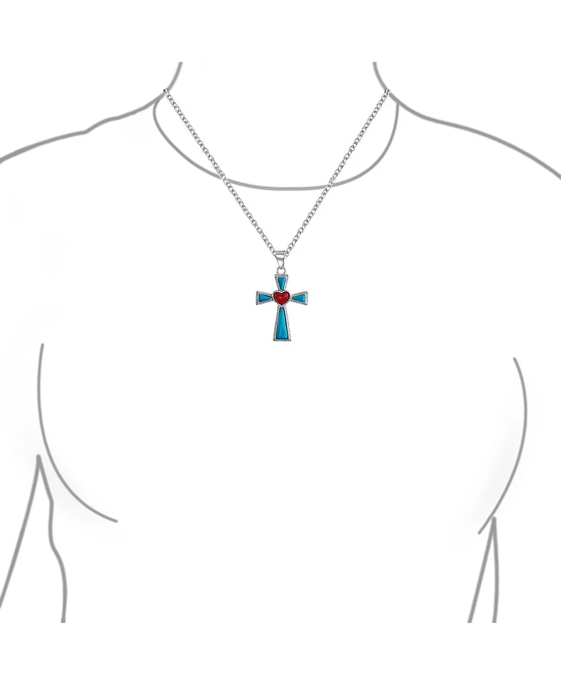 Bling Jewelry Turquoise Lapis and Red Heart Religious Cross Necklace Pendant