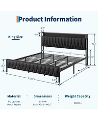 gaomon Size Bed Frame with Charging Station, Faux Leather Headboard and and Footboard