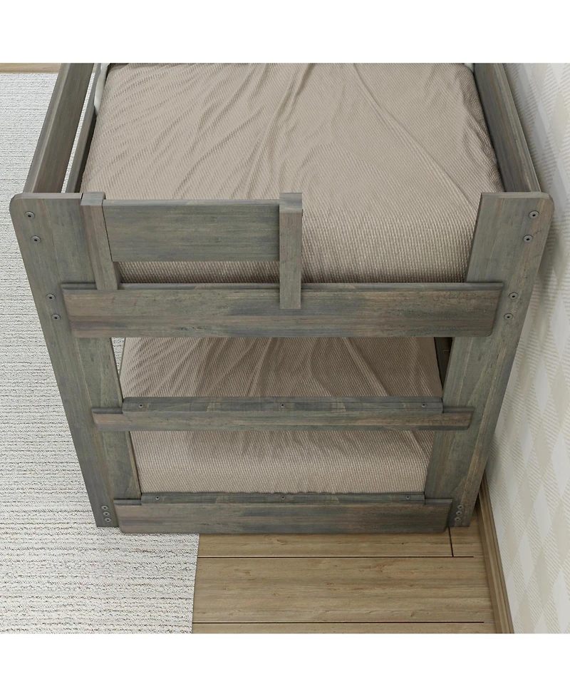 Max & Lily Twin over Low Bunk Bed, Modern Farmhouse Solid Wood Beds for Kids, Driftwood