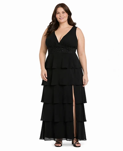 R & M Richards Plus Sleeveless V-Neck Tired Skirt Front Slit Dress
