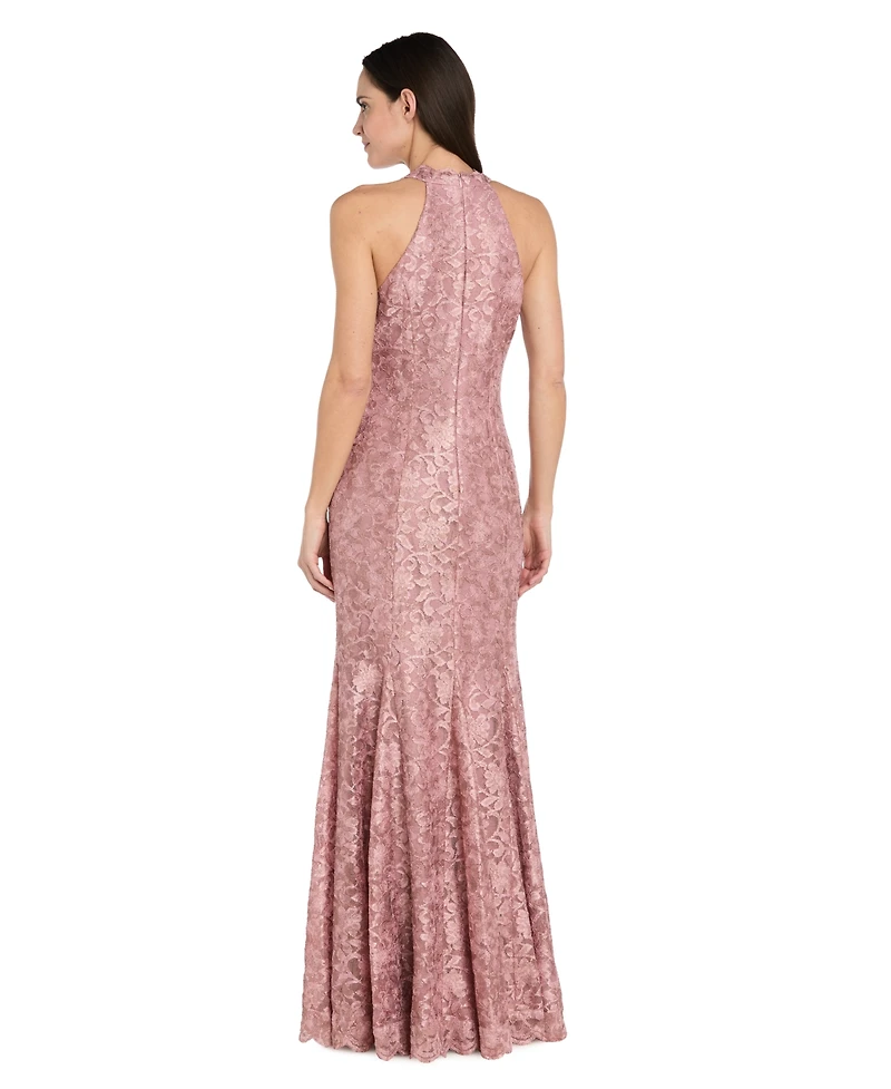 R & M Richards Petite Halter V-Neck Stretch Lace Ball Gown