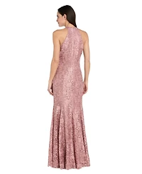 R & M Richards Petite Halter V-Neck Stretch Lace Ball Gown