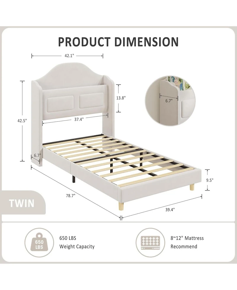 gaomon 2 Pack Upholstered Velvet Princess Bed Frame with Led Lights, Wingback Bookcase Headboard, Kids Platform for Girls and Boys, Noise-Free