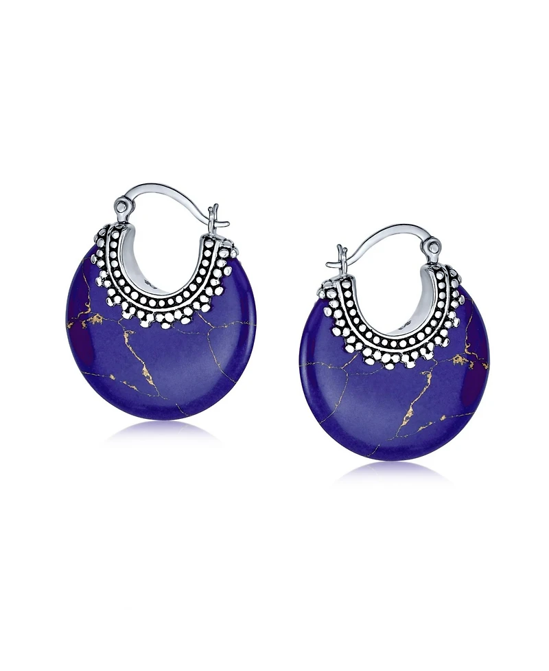 Bling Jewelry Lapis Turquoise Onyx Round Half Crescent Hoop Earrings Milgrain Sterling Silver Setting