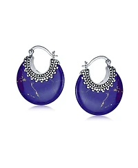 Bling Jewelry Lapis Turquoise Onyx Round Half Crescent Hoop Earrings Milgrain Sterling Silver Setting