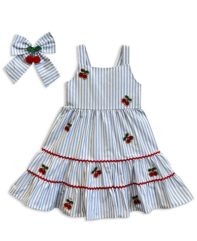 Blueberi Boulevard Girls' 2T-6X Stripe Embroidery Sundress and Bow, 2-Piece Set
