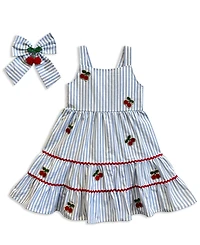 Blueberi Boulevard Girls' 2T-6X Stripe Embroidery Sundress and Bow, 2-Piece Set
