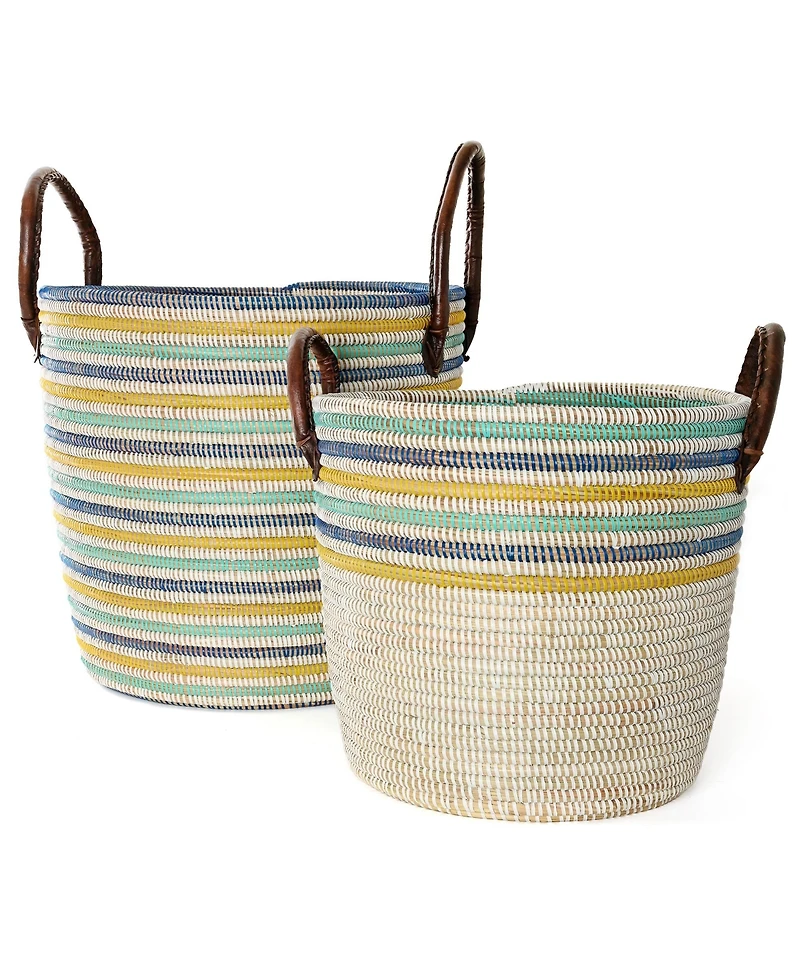 African Modern, Malika Beach Nesting Baskets with Leather Handles, Set of 2