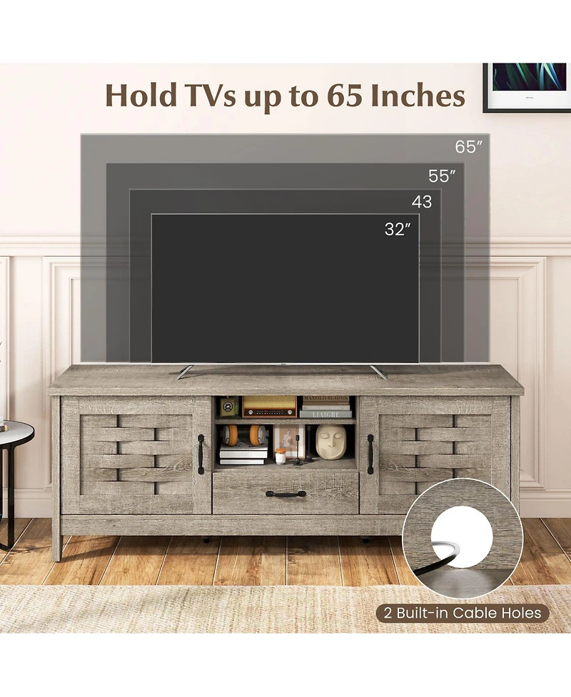 Sugift Farmhouse Tv Stand for 65 Inch TVs with 2 Woven Accent Doors and 3 Adjustable Shelves-Oak