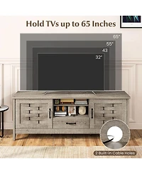 Sugift Farmhouse Tv Stand for 65 Inch TVs with 2 Woven Accent Doors and 3 Adjustable Shelves-Oak