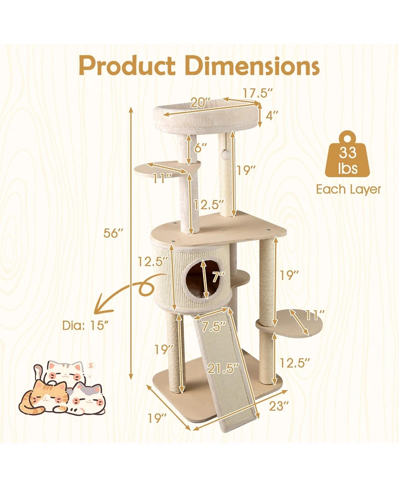 Cozito Cat Tree 56 in Wooden with 2 Sisal Posts and Ladder