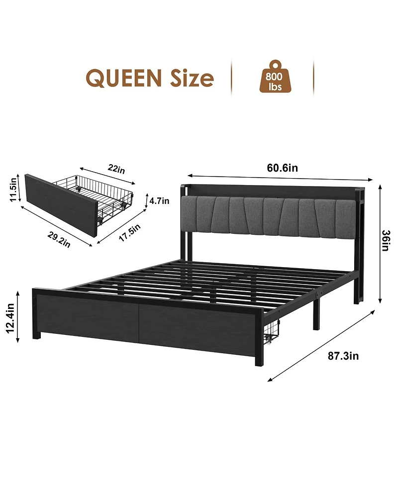 gaomon Industrial Bed Frame with Storage Headboard, Charging Station and 2 Drawers