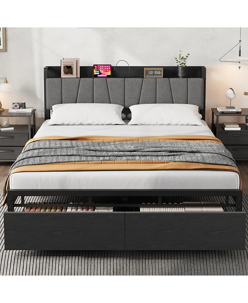 gaomon Industrial Bed Frame with Storage Headboard, Charging Station and 2 Drawers