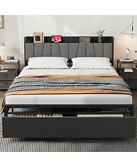 gaomon Industrial Bed Frame with Storage Headboard, Charging Station and 2 Drawers