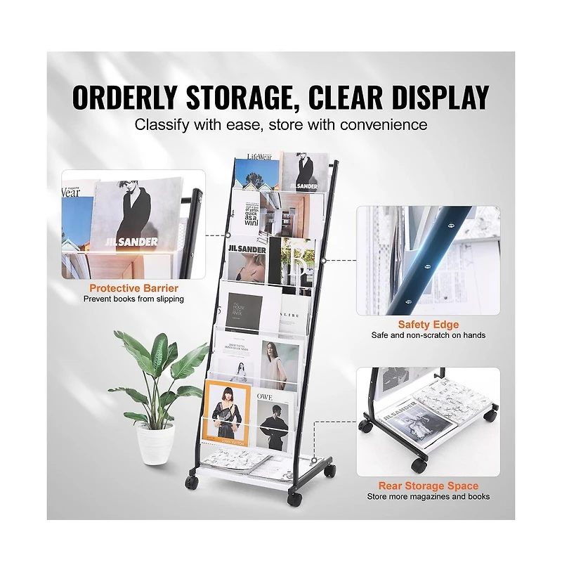 Sugift 6-Tier Brochure Display Rack on Wheels, Iron Floor Standing Literature Holder