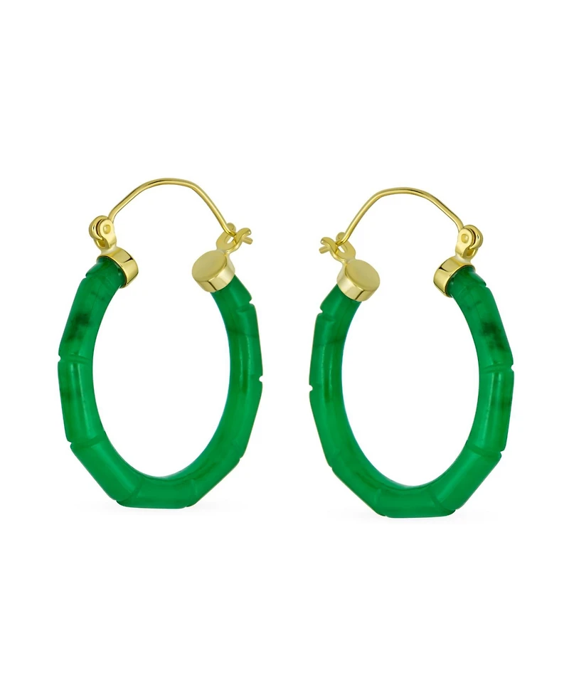 Bling Jewelry Big Bamboo Design Jade Hoop Earrings Gold Plated Sterling Silver 1.2 Inch Diameter