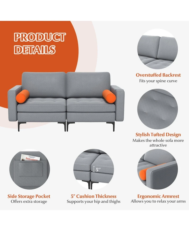 Gouun Metal Frame Modern Compact Loveseat with Bolster Pillows and Side Pocket