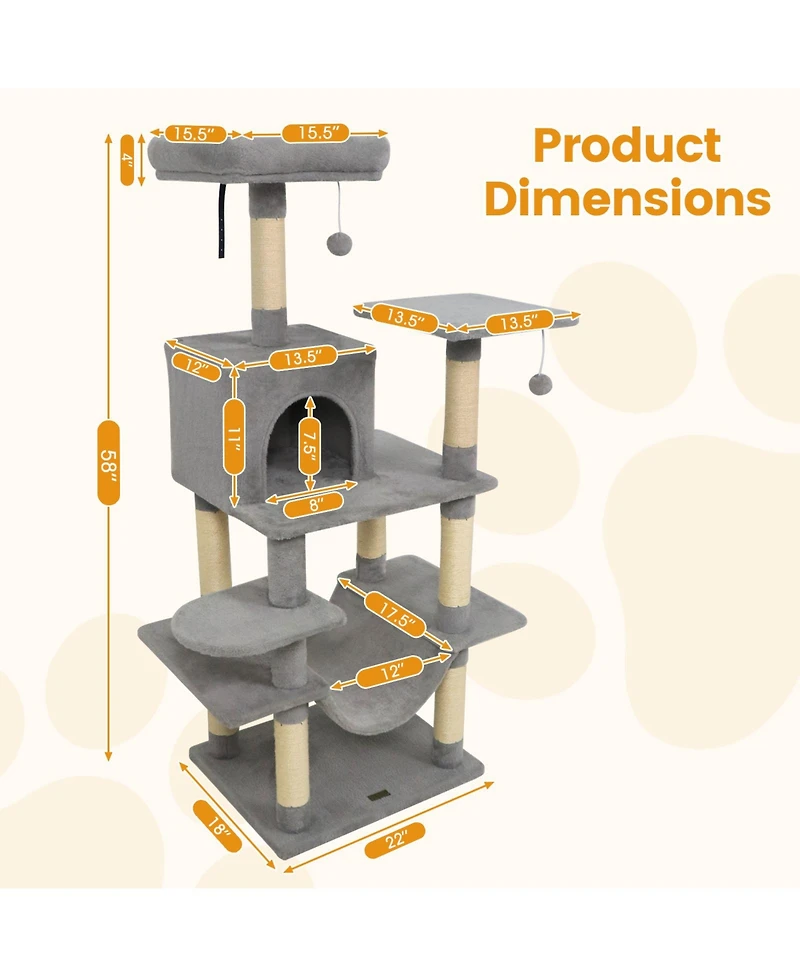 Cozito Cat Tree 58 inch Soft Plush Multi-Level with Padded Perch